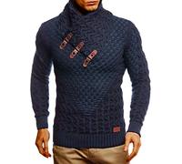 Leif Nelson Men’s Knitted Pullover | Long-Sleeved Slim fit Shirt | Basic Sweatshirt with Shawl Collar and Faux Leather, Blue, 5XL