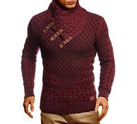 Leif Nelson Men’s Knitted Pullover | Long-Sleeved Slim fit Shirt | Basic Sweatshirt with Shawl Collar and Faux Leather, Bordeaux Black, 5XL