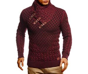 Leif Nelson Men’s Knitted Pullover | Long-Sleeved Slim fit Shirt | Basic Sweatshirt with Shawl Collar and Faux Leather, Bordeaux Black, 5XL