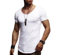 LEIF NELSON Men's Casual Plain Round Collar Short Sleeve Long-Sleeved Top - White - Small