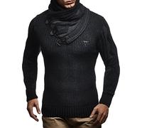 Leif Nelson Men's Knitted Jumper Shawl Collar Slim Fit Winter Summer Modern T-Shirt Long Sleeve With Collar Hoodie Wool 5195, Black-Anthracite, 3XL