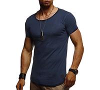 Leif Nelson Men's T-Shirt Round Neck Collar LN-8209DB Dark Blue X-Large