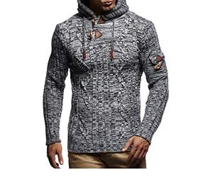 Leif Nelson Slim Pullover Sweaters for Men with Hoodie - Men's Knitted Sweater, Grey Black, 3XL