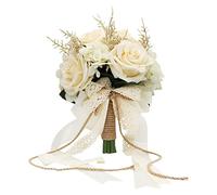 LEIFENY Artificial Plant, 1 Champagne White Rose Bridal Bouquet, 8.6 x 10.2 x 8.6 inches, Wedding Bouquets for Bride, Bridesmaid Bouquets with Silk Ribbon, Decoration