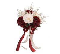 LEIFENY Wedding Bouquets for Bride, Champagne White & Burgundy Rose Bridal Bouquets for Bride, Artificial Flower Bouquet for Wedding, Bridesmaid Bouquets with Silk Ribbon, Home Decor