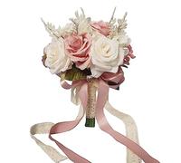 LEIFENY Wedding Bouquets for Bride, Champagne White & Pink Bridal Bridesmaid Wedding Flowers, Artificial Toss Rose for Civil Ceremony (Hollow Lace Ribbon Handle)