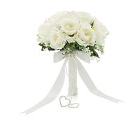 LEIFENY Wedding Bouquets for Bride, White Bridal Bridesmaid Wedding Flowers with Silk Ribbon and Rhinestones, Artificial Toss Rose for Civil Ceremony