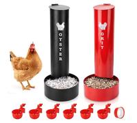 LEIFEOSH Chicken Oyster Shell Feeder and Grit Feeder and 6 Pcs Automatic Chicken Waterer Cup, Metal Hanging Poultry Feeders and Plastic Poultry Water Cup, Coop Accessories, Black+Red