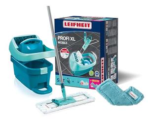 Leifheit Profi XL Mop and Bucket Set, Static Plus Wiper Cover, Deluxe 42cm Microfibre Mop Head and Dusting Head, Profi Wringer Bucket with Rollers, Turquoise