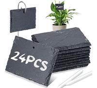 Leifide 24 Sets Plant Labels, Reusable Slate Plant Markers Natural Weatherproof Garden Signs Waterproof Hanging Slate Planter Tags with Metal Stakes and Stone Chalks for Vegetable Flower Pot