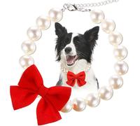 LEIFIDE Chunky Pearl Dog Necklace with Red Bow 20mm Large Bead Pearl Dog Collar Big Pearl Collar Adjustable Necklace Jewellery Accessories for Medium Large Dog Clothing Outfit Xmas Gift, 18 Inch Long
