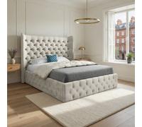 Leigh Wide Winged Upholstered Beige Soft Velvet Designer Bed Frame