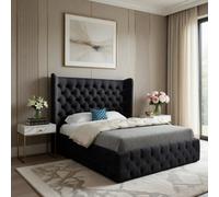 Leigh Wide Winged Upholstered Black Soft Velvet Designer Bed Frame