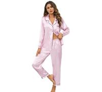Leikar Pink Silk Satin Pajamas Long Sleeve Pajama Sets for Women Soft Button Up Pajama