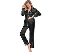 Leikar Silk Pajamas Long Sleeve Pajama Sets For Women Soft Button Down Pajamas Pj Set, Black, XXL