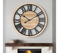 LEIKE 24 Inch Large Wall Clock - Rustic Wooden Silent Non-Ticking Wall Clock with Black Metal Frame, Vintage Farmhouse Decorative for Living Room, Bedroom, Kitchen - Roman Numerals, Modern Design