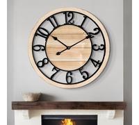 LEIKE 24 Inch Large Wall Clock - Rustic Wooden Silent Non-Ticking Wall Clock with Black Metal Frame, Vintage Farmhouse Decorative for Living Room, Bedroom, Kitchen - Arabic Numerals, Modern Design