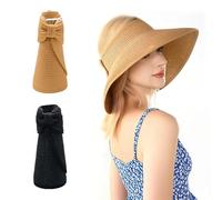 Leikedun 2Pcs Straw Hats Foldable Sun Visors for Women, Sun Hats with Wide Brim Ponytail Summer Beach Hat Black, Khaki