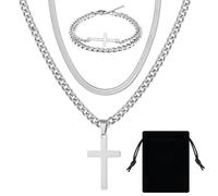 Leikedun 3 Pack Silver Cross Chain Set, Stainless Steel Cross Necklace Cross Bracelet for Men With Velvet Bag, Sturdy Cuban Snake Chain Men's Necklaces Jewelry Gifts