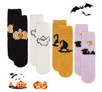 Leikedun 4 Pairs Halloween Fluffy Socks Soft Cozy Plush Socks Winter Warm Pumpkin Bat Ghost Novelty Socks for Home Halloween Party Gifts