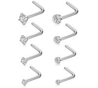 Leikedun 8PCS Clear Crystal Nose Studs L hape Thin 0.6mm Bar 20G 1.5mm 2mm 2.5mm 3mm CZ L Shape Silver Nose Rings 316L Surgical Stainless Steel Small Nose Piercing Jewellery for Women Men Gift