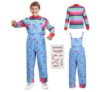 Leikedun Chucky Costume for Kids Boys Girls, Halloween Costumes Striped Top and Jumpsuit Equipped with Top-notch Bloody Knife and Scar Tattoo Stickers for Halloween Party Horror Character Cosplay