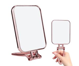 Leikedun Folding Makeup Mirror with Stand, Desk Mirror Travel Hand held Mirrors Double Sided 270 Degree Table Mirrors for Travel Shaving Bedroom Bathroom(Rose Gold,15 x 12 cm)