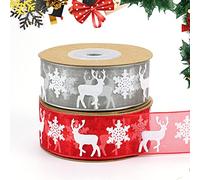 Leikedun Organza Ribbon 2Rolls, Christmas Sheer Xmas Wrapping 25mm with Snowflake Elk, 20M Red Grey Gift for Decoration Craft Making Bows and Wreaths Tree Decor