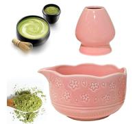 Leikurvo Matcha Set: Matcha Bowl with Spout and Stand, Traditional Japanese Matcha Tea Set Made of Ceramic, Matcha Accessories for Perfect Preparation, Gift for Matcha Lovers (Pink)