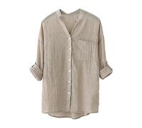 Leinenhemd Damen Sommer Große Größen: Blusenshirt Damen Elegant Kurz Mit Knopfleiste Leinen-Hemd Einfarbige Leinenbluse Langarm Sommershirts Oberteile Leinenshirt Hemdbluse Strand Musselin Bluse