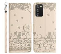 LEINOTWANCH Phone Case for Samsung Galaxy A03s PU Leather Flip Case Wallet Protector[Full Protection][Card Slots][Kickstand][Lanyard ],Embossed Sakura+Kittens catching butterflies,Off White
