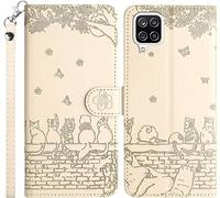 LEINOTWANCH Phone Case for Samsung Galaxy A12 5G PU Leather Flip Case Wallet Protector[Full Protection][Card Slots][Kickstand][Lanyard ],Embossed Sakura+Kittens catching butterflies,Off White
