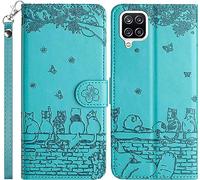 LEINOTWANCH Phone Case for Samsung Galaxy A12 5G PU Leather Flip Case Wallet Protector[Full Protection][Card Slots][Kickstand][Lanyard ],Embossed Sakura+Kittens catching butterflies,Blue