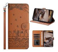 LEINOTWANCH Phone Case for Samsung Galaxy J4+/J4 Plus PU Leather Flip Case Wallet Protector[Full Protection][Card Slots][Kickstand][Lanyard ],Embossed Sakura+Kittens catching butterflies,Brown