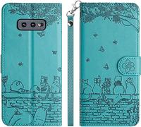 LEINOTWANCH Phone Case for Samsung Galaxy S10e PU Leather Flip Case Wallet Protector[Full Protection][Card Slots][Kickstand][Lanyard ],Embossed Sakura+Kittens catching butterflies,Blue