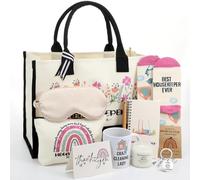 Leinuosen 12 Pcs Housekeeping Week Gifts Set for Women Trapezoid Grocery Canvas Tote Bag with Handle Makeup Bag Mug Scented Candle Novelty Socks for International Housekeeper Week Appreciation Basket