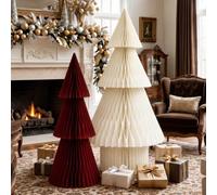 Leinuosen 2 Pcs Large Paper Christmas Trees Decorations 4 ft Honeycomb Paper Christmas Tree 3D Honey Comb Folding Xmas Decor Vintage Cut for Xmas Holiday Party Festival Indoor Office Home Decor