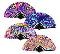 Leinuosen 4 Pcs Large Folding Hand Fans for Line Dancing, 13 Inches UV Clapping Popping Fan for Boots On The Ground Wedding Cosplay Disco Festival Party Dance Performance Home Decor(Psychedelic)