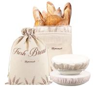 Leinuosen 4 Pcs Reusable Sourdough Linen Bread Bags Bulk Include Cotton Fabric Cloth Bowl Covers for Homemade Bread Keep Fresh Food Storage Gifts