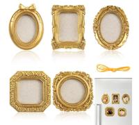 Leinuosen 5 Pcs Golden Refrigerator Mini Frames Magnetic Vintage Picture Display with Back Small Antique Picture Frames with Hooks and Rope Refrigerator Magnets Photo Display Christmas Decor, Style B