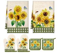 Leinuosen 6 Novelty Sunflower Kitchen Towels Kitchen Decor and Accessories Set Floral Plant Oven Mitts and Pot Holders Sets Farmhouse Absorbent Dish Towels for Cooking Baking Grilling