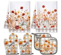 Leinuosen 6 Pack Fall Thanksgiving Kitchen Set with 2 Flower Dish Towels, 2 Pumpkin Pot Holders and 2 Buffalo Plaid Oven Mitts for Gifting, Baking, and Cooking Accessories