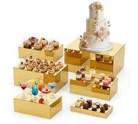 Leinuosen 6 Pcs Acrylic Buffet Risers Stands for Food Display Cubes Box, 7 to 12 Inch Rectangle Catering Table Dessert Decor for Wedding Brunch Setup Party Jewelry Collectibles, Hollow Bottom (Gold)