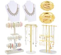 Leinuosen 8 Pcs Jewelry Display Sets Jewelry Display for Selling White Velvet Necklace Bracelet Stand Gold Metal Necklace Holder T Shape Earring Stand Round Vintage Tray for Selling Showcase Organizer