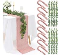 Leinuosen 8 Set Light Pink 10 Ft Cheesecloth Table Runner with 6 Ft Eucalyptus Garland, Boho Gauze Table Runner and Artificial Eucalyptus Leaves for Wedding Baby Shower Birthday Party Decor