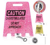 Leinuosen Funny Cute Glitter Badge Holder Caution Overstimulated Do Not Approach ID Tag Card Holder Clips Cool Office Work Badge Reel for Doctor Nurses Office Workers Work Accessories (Pink)