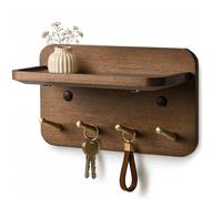 LEIRUOTM Key Holder Wall Mount, Solid Wood Key Holder for Wall with 4 Brass Hooks & Hidden Magnets, 15° Incline Hooks & Grooved Design to Prevent Slipping, Vintage Brown Key Hanger