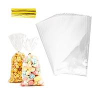 Leislam Cellophane Treat Bags, 100 PCS Clear Cellophane Bags, Plastic Cello Candy Cookies Goodie Gift Bag with 100 PCS Gold Twist Ties for Graduation Spring Birthday Party Favors Supplies 5x11 Inch