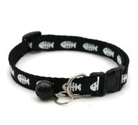 Leisure Adjustable Cartoon Pet Fish Bone Collar Cat Dog Sticker Printed Collar With Bell Pet Neck Decoration Accessories(Black)