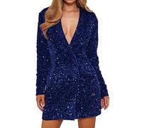 Leisure Business Dresses Women's Sexy Sequins Shiny Suit Jacket Dress Women's Sequin Blazer Dress Women's Funky V Neck Casual Work Blazer Sexy Dress A Line Dress Short Funky, blue, XL
